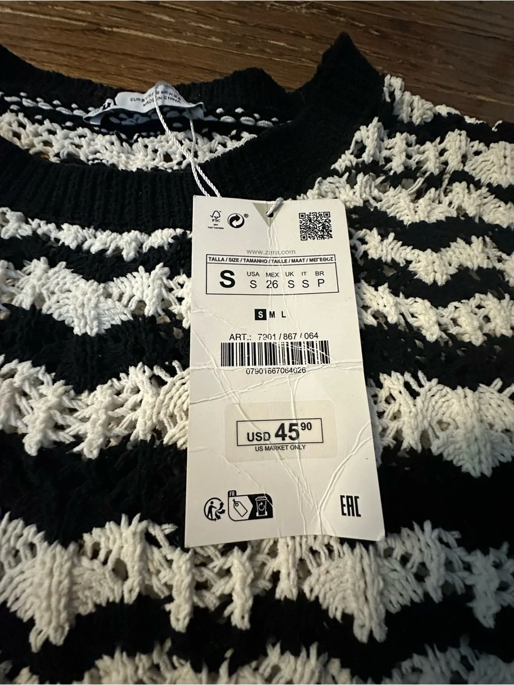 Zara Black & White Cropped Textured Stripe Sweater